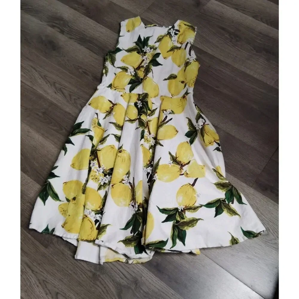 Lemon Print Fit And Flare Midi Dress 13 Teen Fun Summer Picnic Stretch